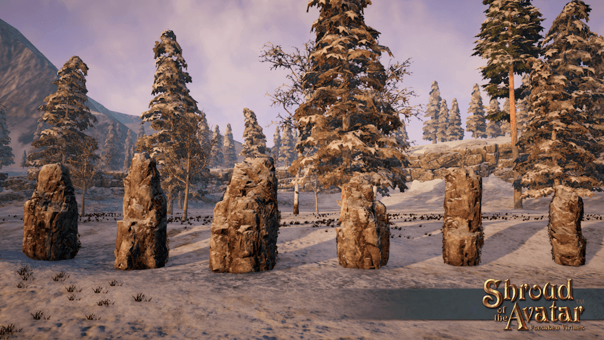 Six large stones, covered in snow, stand high along a winter forest path.