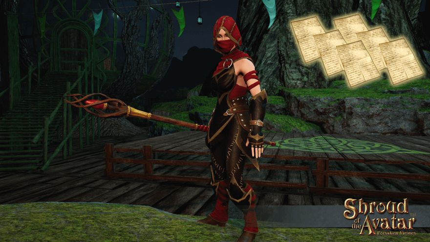 An elf wielding a staff with a red gem stands ready at the central bonfire in Yew.