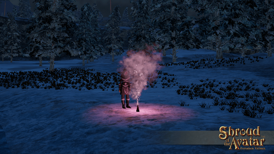 A Norgard villager sets off a pink fountain firework in a snowy forest. It's like a road flare with no road.
