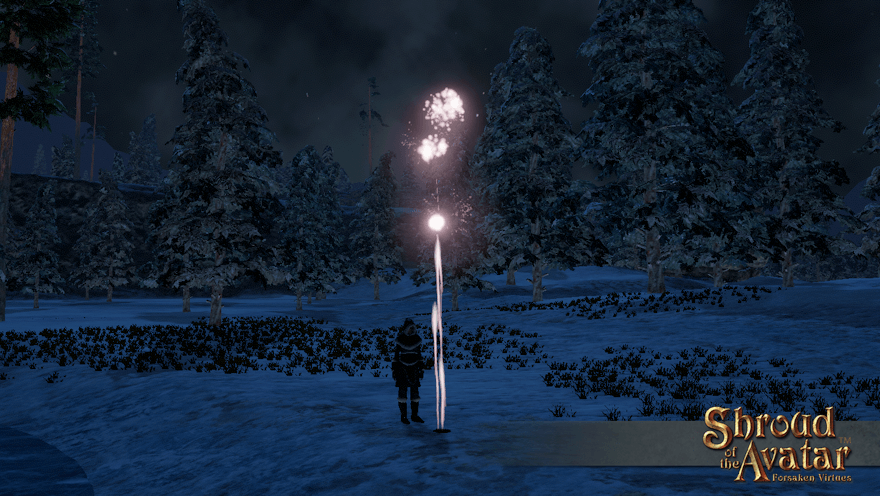 A Norgard villager sets off a pink missile firework in a snowy forest. This doesn't seem like it'd keep her warm.