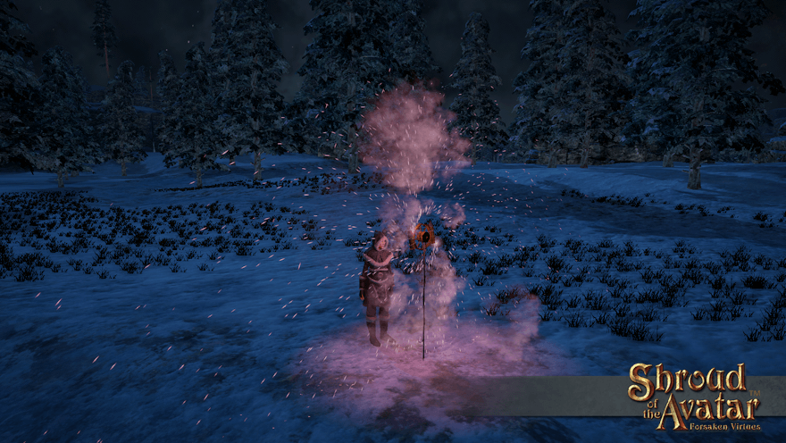 A Norgard villager sets off a pink pinwheel firework in a snowy forest. There must be better ways to choose dinner.