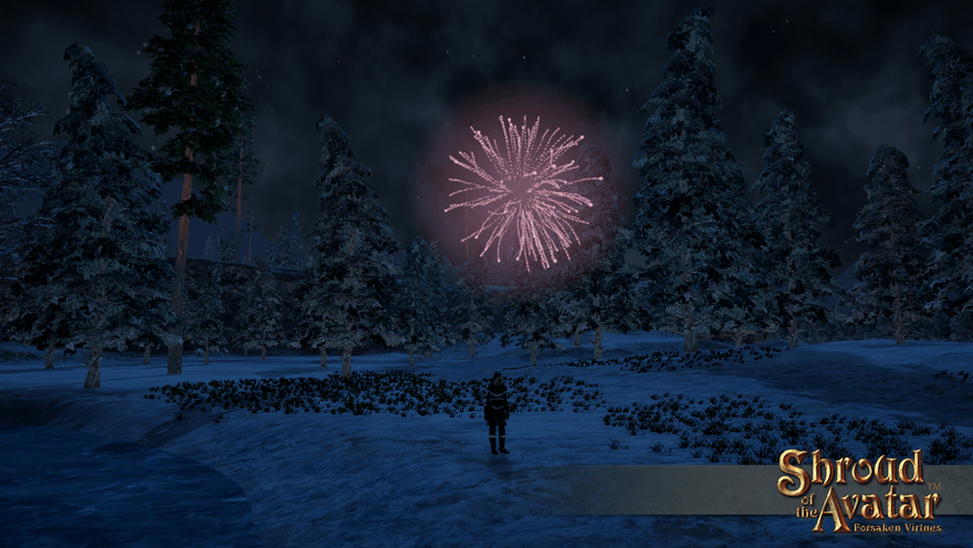 A Norgard villager sets off a pink rocket firework in a snowy forest. Um, green was for elves and yellow was for kobolds, does anyone remember pink?