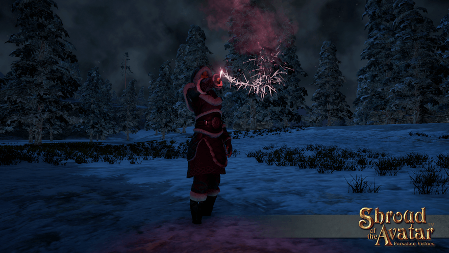 A Norgard villager waves a pink sparkler in a snowy forest. She's gonna conduct the heck out the wind through the trees.