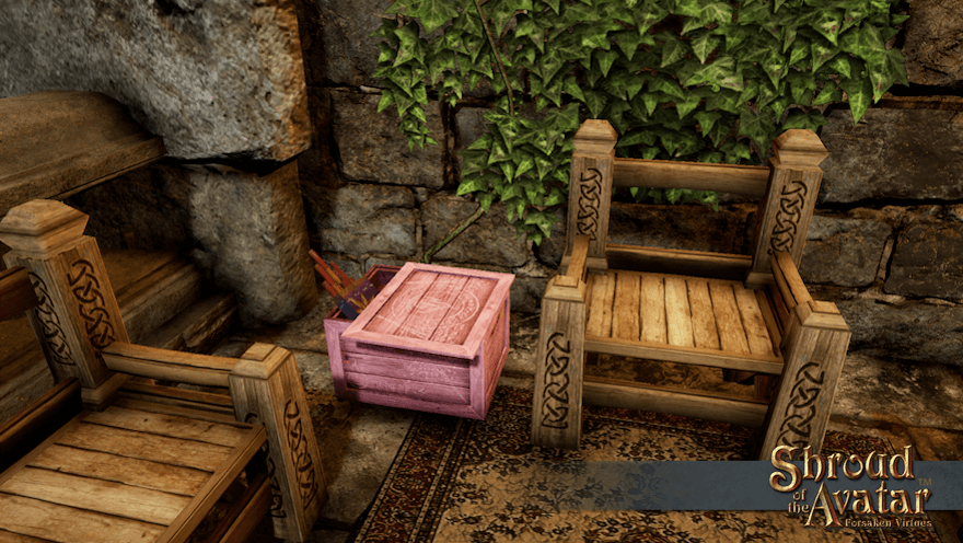 A light pink crate of elysium candle fireworks sits between heavy wooden chairs on a sunny stone balcony. What goes up must come down.