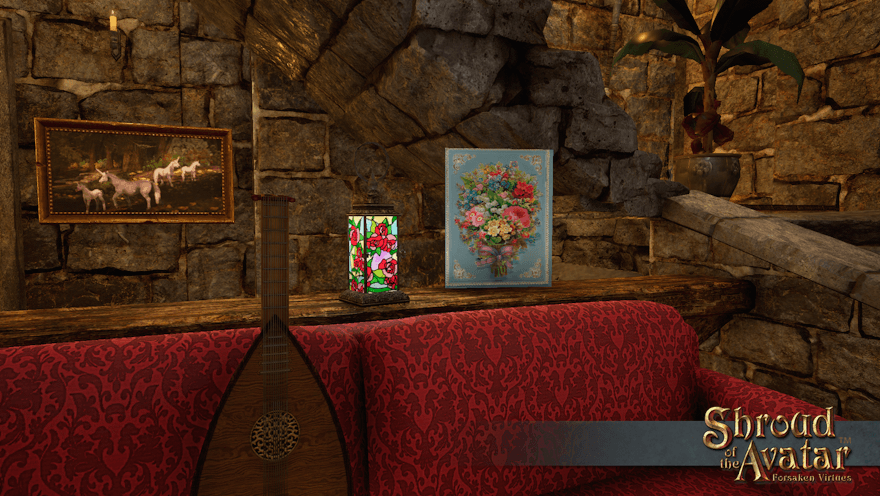 There's a large bouquet on the front of a blue card on the railing behind a couch. Perhaps the lute on the couch is better left alone: music is for the birds.