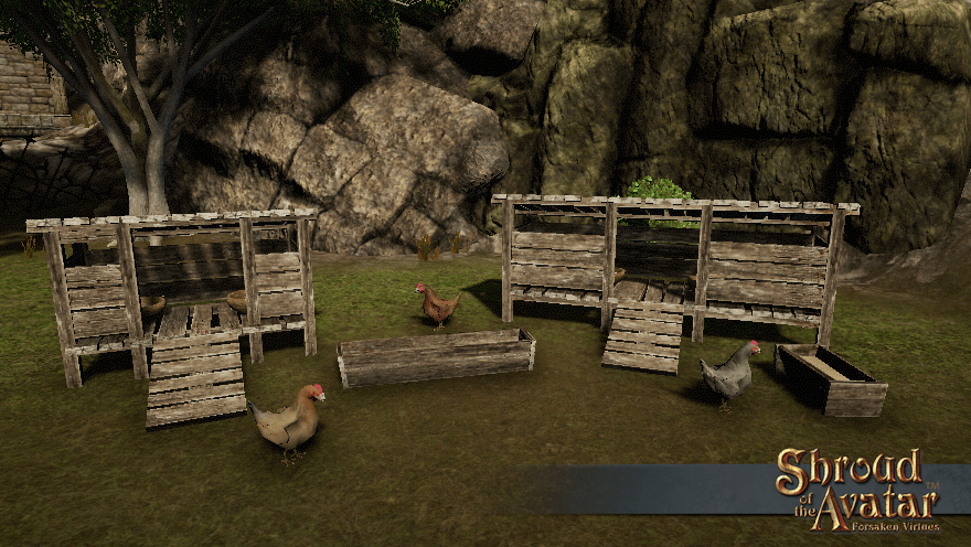 Three chickens of varying color wander between a large wooden chicken coop, a small wooden chicken coop, and large and small feed troughs.