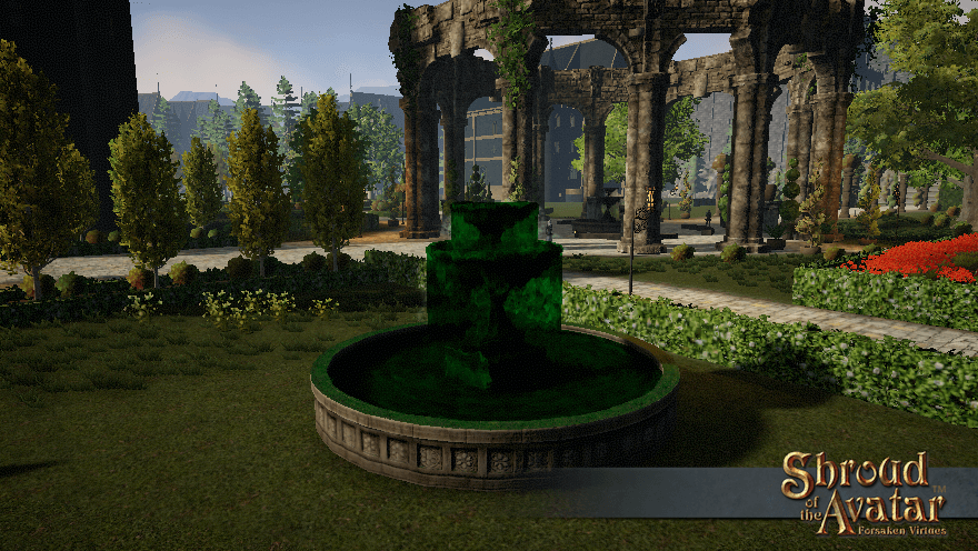 A large two-layer stone fountain is covered in dark moss and the water is emerald green. The fountain fauns can't have let it get like this unintentionally! We have a suspect!