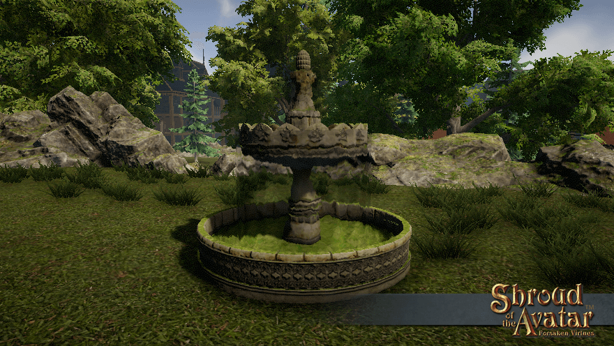 A two-layer stone fountain is covered in moss. At least the water's still running clear, for now.