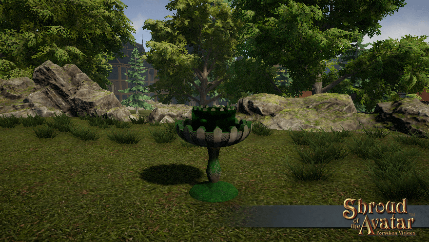 A small stone pedestal fountain is covered in dark moss and the water is emerald green.