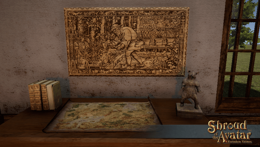 A medium woodcut plaque depicting agriculture, as seen in your recipe book, fills a wall above a sturdy table.