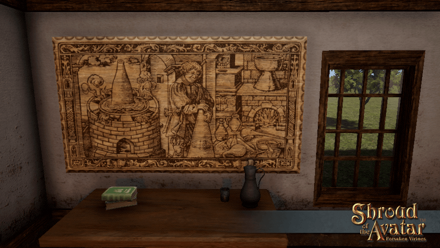 A large woodcut plaque depicting alchemy, as seen in your recipe book, fills a wall above a sturdy table.