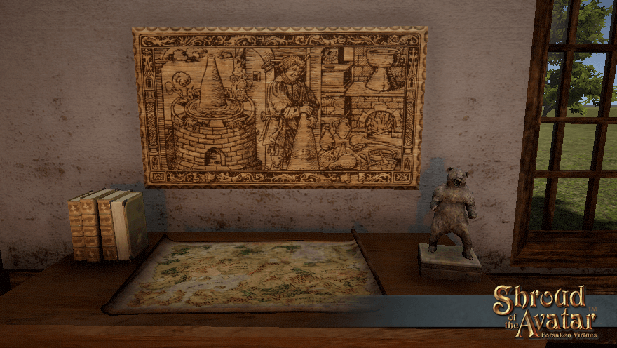 A medium woodcut plaque depicting alchemy, as seen in your recipe book, fills a wall above a sturdy table.