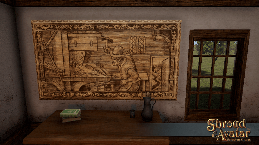 A large woodcut plaque depicting blacksmithing, as seen in your recipe book, fills a wall above a sturdy table.