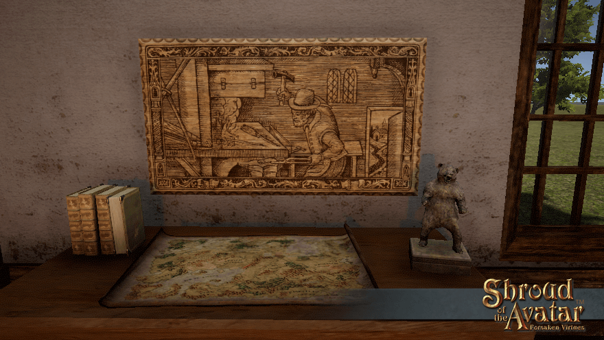 A medium woodcut plaque depicting blacksmithing, as seen in your recipe book, fills a wall above a sturdy table.