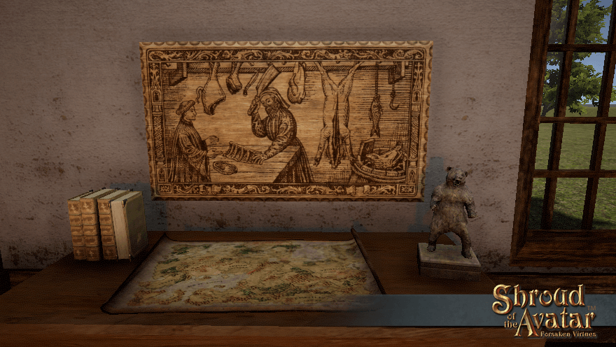 A medium woodcut plaque depicting butchery, as seen in your recipe book, fills a wall above a sturdy table.