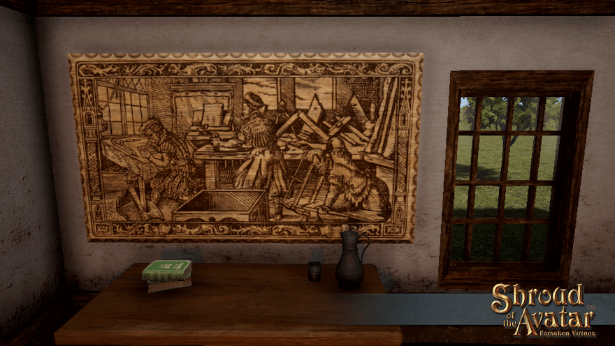 A large woodcut plaque depicting carpentry, as seen in your recipe book, fills a wall above a sturdy table.