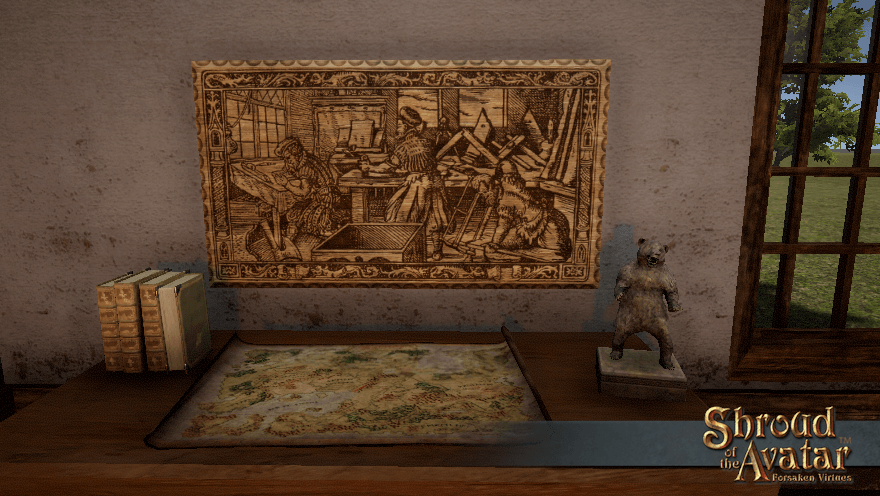 A medium woodcut plaque depicting carpentry, as seen in your recipe book, fills a wall above a sturdy table.