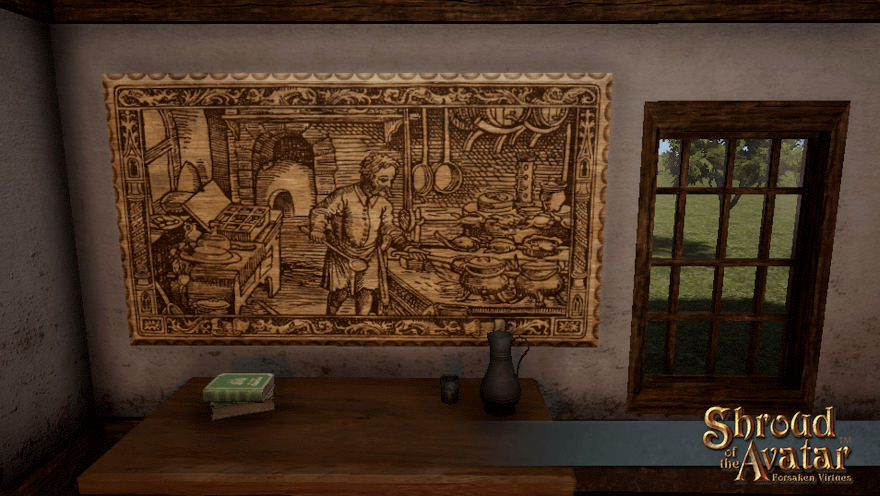 A large woodcut plaque depicting cooking, as seen in your recipe book, fills a wall above a sturdy table.