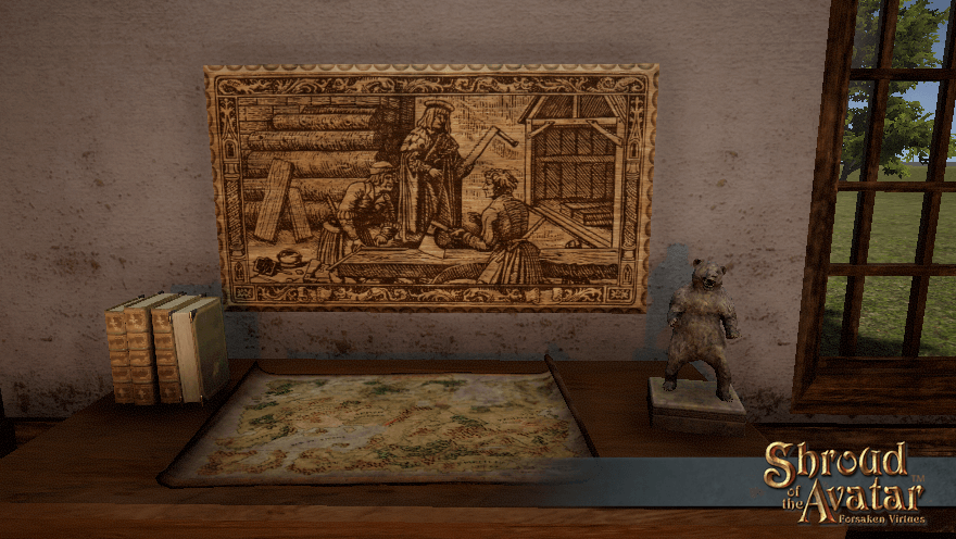 A medium woodcut plaque depicting milling, as seen in your recipe book, fills a wall above a sturdy table.