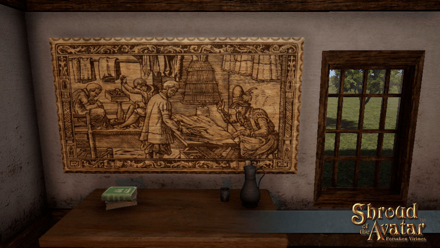 A large woodcut plaque depicting tailoring, as seen in your recipe book, fills a wall above a sturdy table.