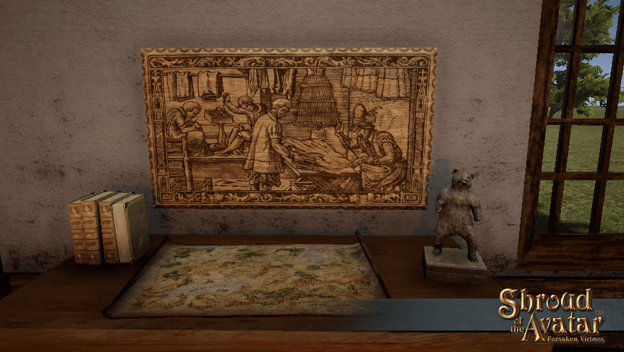 A medium woodcut plaque depicting tailoring, as seen in your recipe book, fills a wall above a sturdy table.