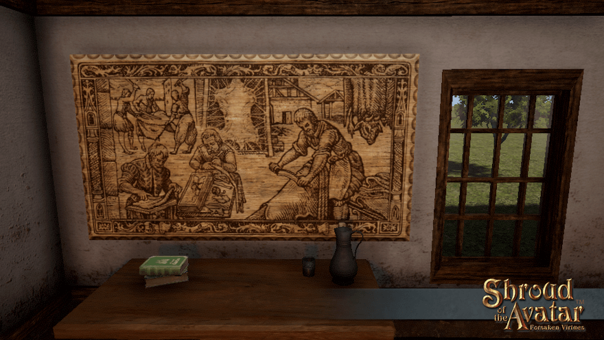 A large woodcut plaque depicting tanning, as seen in your recipe book, fills a wall above a sturdy table.