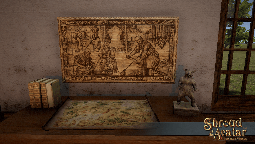 A medium woodcut plaque depicting tanning, as seen in your recipe book, fills a wall above a sturdy table.