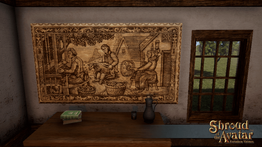 A large woodcut plaque depicting the making of textiles, as seen in your recipe book, fills a wall above a sturdy table.
