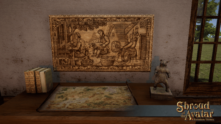 A medium woodcut plaque depicting the making of textiles, as seen in your recipe book, fills a wall above a sturdy table.