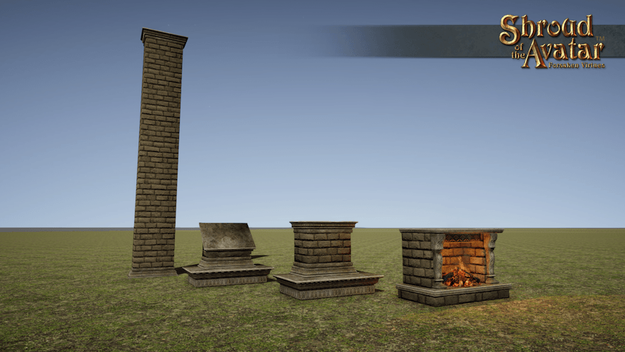 A large ornate stone fireplace and matching flat, angled, and through-roof chimney pieces are displayed in an empty field.