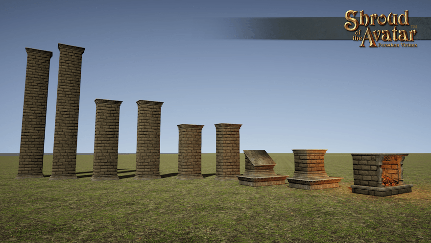 A large ornate stone fireplace and matching flat, angled, average-ceiling, high-ceiling, and through-roof chimney pieces are displayed in an empty field.