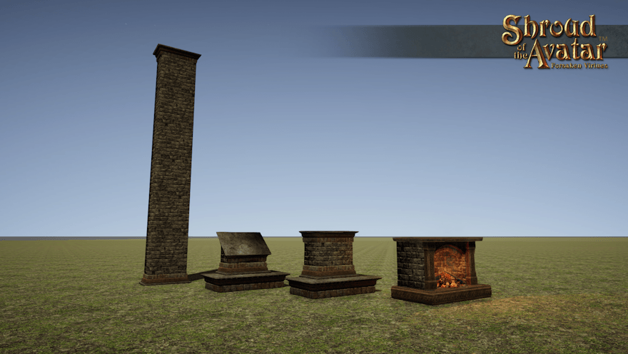 A large ornate stone and wood fireplace and matching flat, angled, and through-roof chimney pieces are displayed in an empty field.