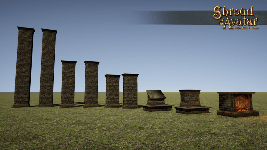 A large ornate stone and wood fireplace and matching flat, angled, average-ceiling, high-ceiling, and through-roof chimney pieces are displayed in an empty field.