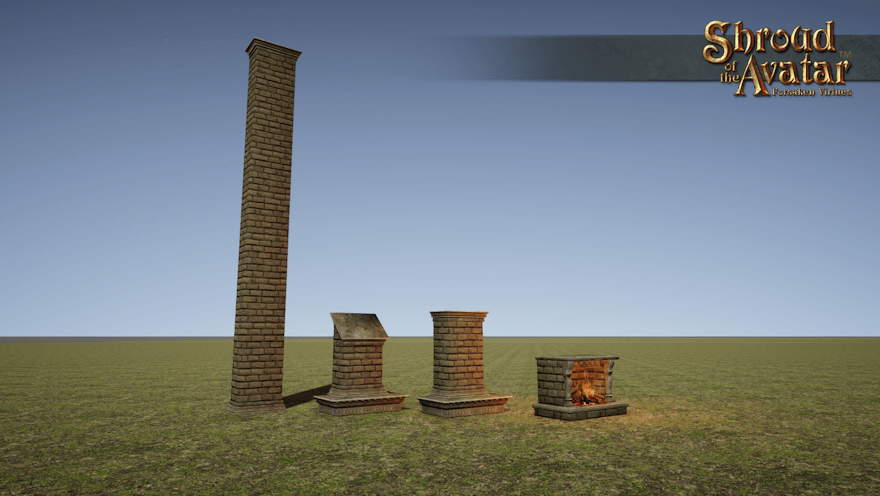 An ornate stone fireplace and matching flat, angled, and through-roof chimney pieces are displayed in an empty field.