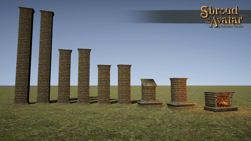 An ornate stone fireplace and matching flat, angled, average-ceiling, high-ceiling, and through-roof chimney pieces are displayed in an empty field.