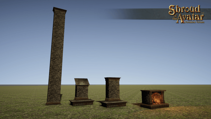 An ornate stone and wood fireplace and matching flat, angled, and through-roof chimney pieces are displayed in an empty field.