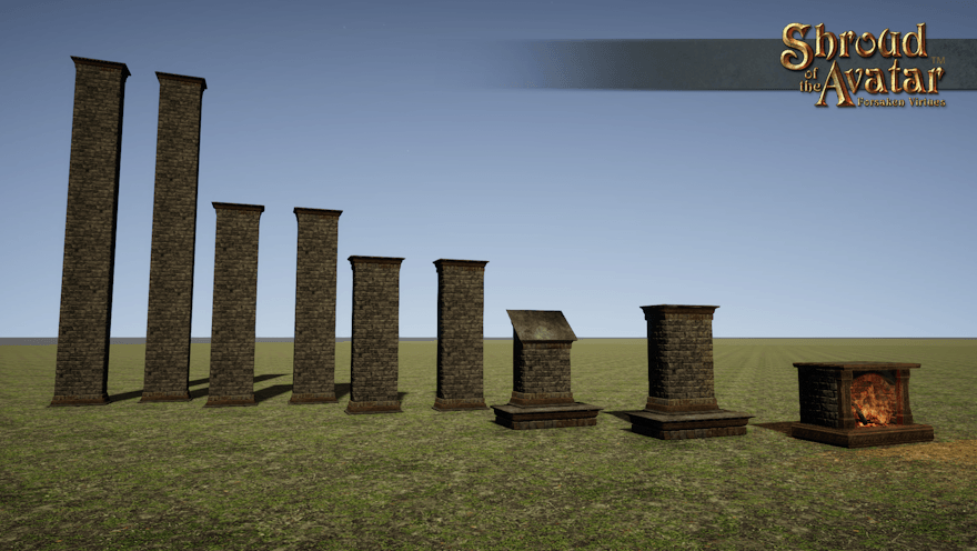 An ornate stone and wood fireplace and matching flat, angled, average-ceiling, high-ceiling, and through-roof chimney pieces are displayed in an empty field.