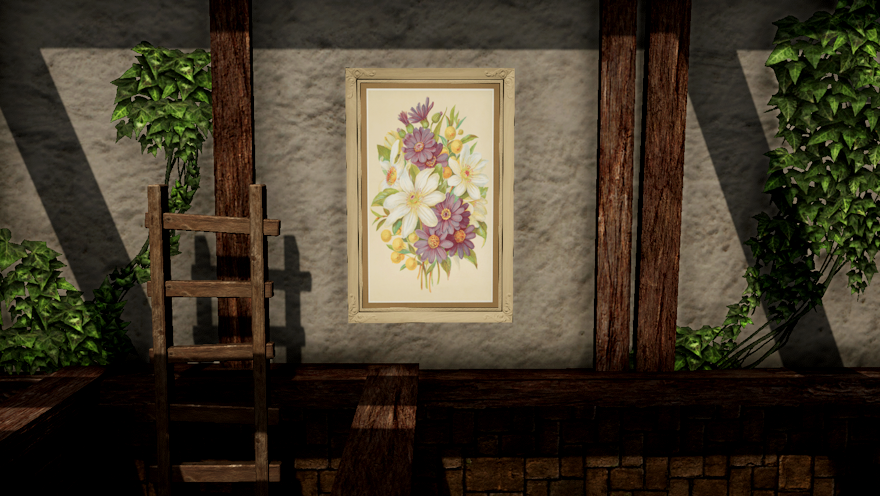 The wall of the top floor of a greenhouse row home, overgrown with ivy, shows a pale wood picture frame with a white and purple floral print.