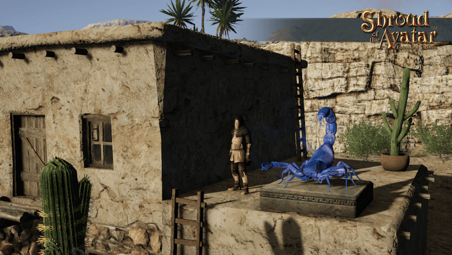 A bandit stands on an adobe roof by a statue of a glowing blue corpion taller than he is. I think that means he does want visitors, but they won't enjoy it.