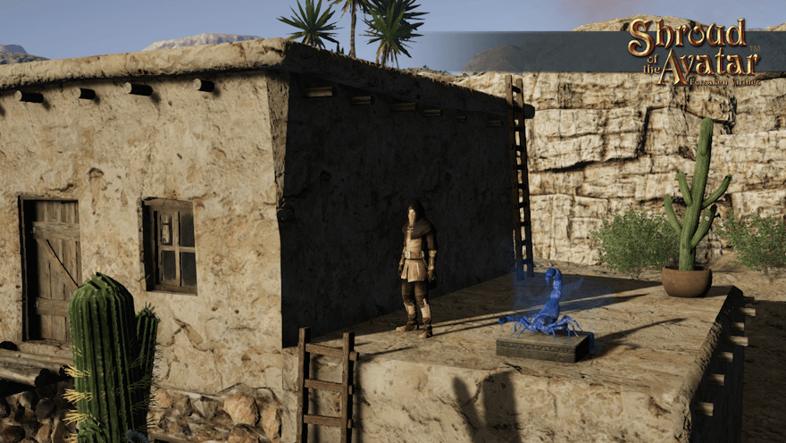 A bandit stands on an adobe roof by a waist-high statue of a glowing blue corpion. I think that means he doesn't want visitors.