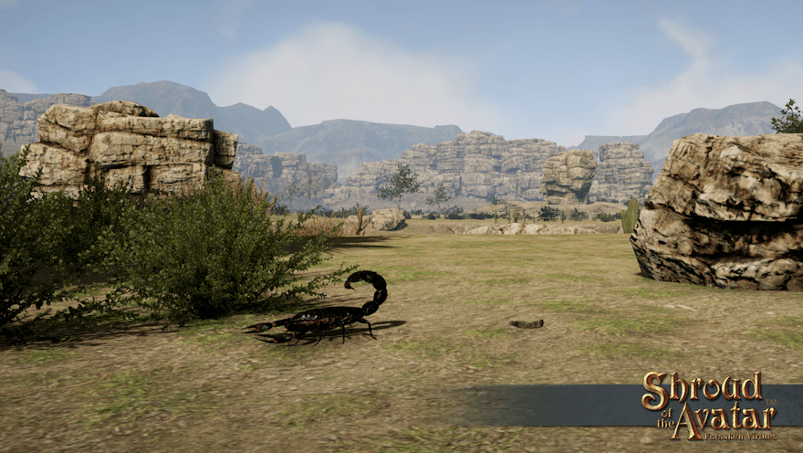 A small corpion scitters across a desert near a small rock that looks right at home in a desert.