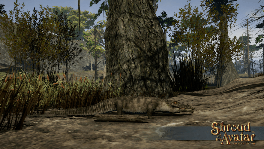 A small crocodile lounges in a swamp next to a old stick that looks right at home in a swamp.