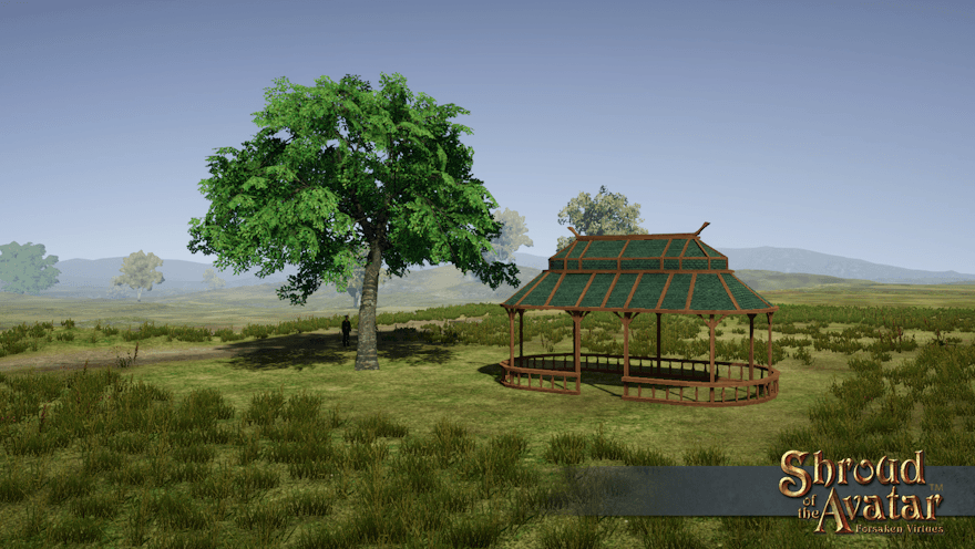 A 3-story cherry tree in full leaf grows next to a large pavilion on a village lot in a grassland town.