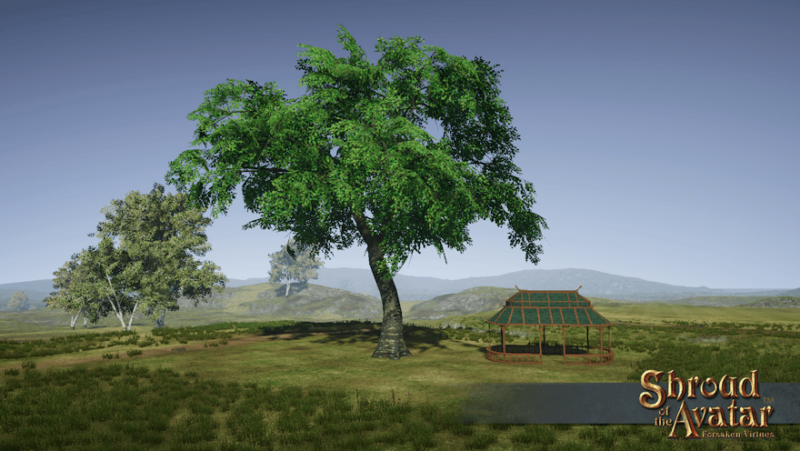 A 4-story cherry tree in full leaf grows over a large pavilion on a town lot in a grassland town.