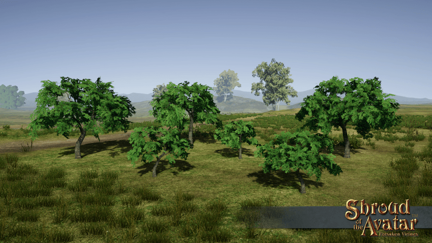 Three 2-story and three 1-story cherry trees in full leaf crowd a village lot in a grassland town.