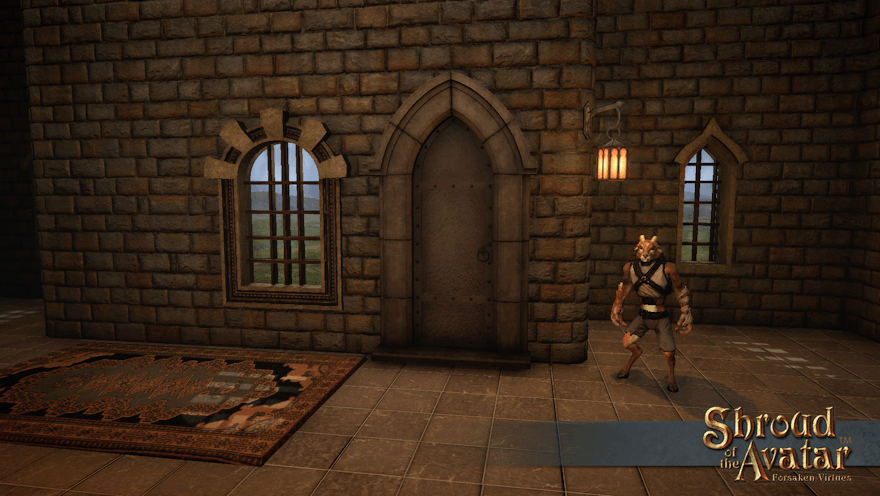 A faun stands ready for a task by a metal basement door in an arched stone frame that... shares a wall with a window?