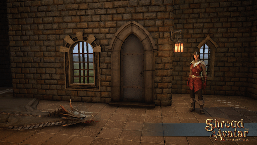 A guard stands ready for assault by a metal dungeon door in an arched stone frame that... shares a wall with a window? Unlike the similar basement door, this dungeon door pulses in warning.