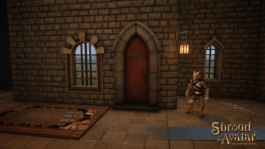 A faun stands ready for a task by a wooden basement door in an arched stone frame that... shares a wall with a window?