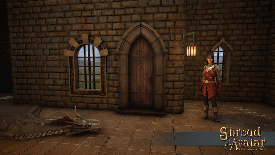 A guard stands ready for assault by a wooden dungeon door in an arched stone frame that... shares a wall with a window? Unlike the similar basement door, this dungeon door pulses in warning.