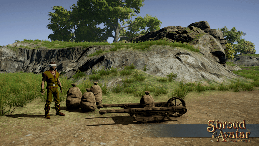 A Norgard peasant glares at a wooden wheelbarrow with a full sack in it at the start of a long dirt road through a grassy plain. Several more sacks wait next to him.